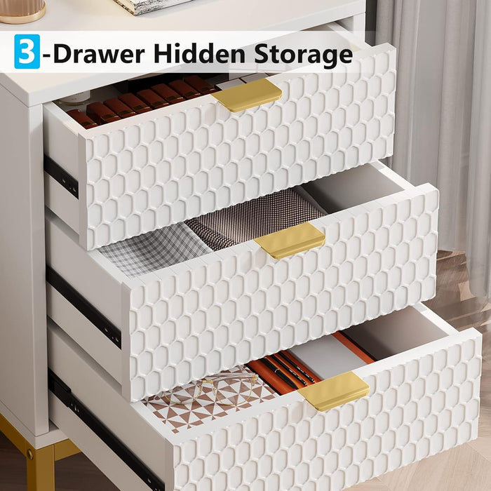 3 Drawer Nightstand With Hexagon Pattern, Storage Table For Living - White