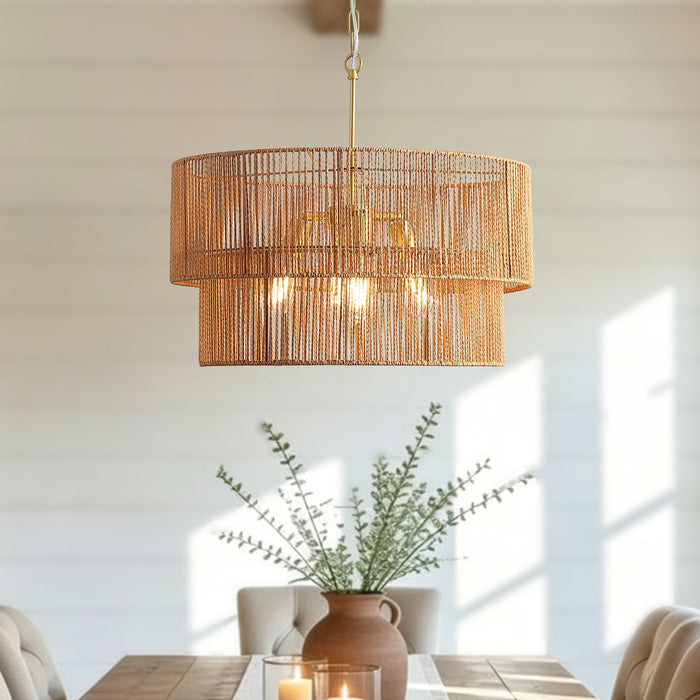 Chandelier, 2 Tier Boho Wabi Sabi Pendant Light, Hanging Ceiling Lamp - Gold