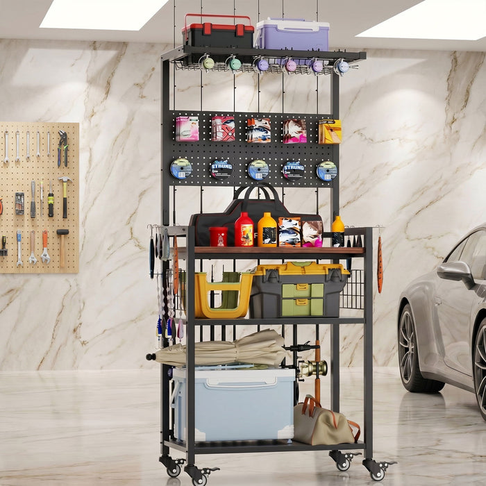 Fishing Rod Storage Rack With Pegboard, Rolling Tackle Organizer Cart - Black