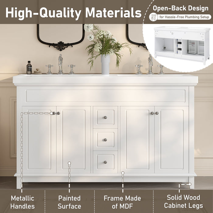 Bathroom Vanity Cabinet Only, 3 Drawers & 4 Doors & Double Layer Shelves - White