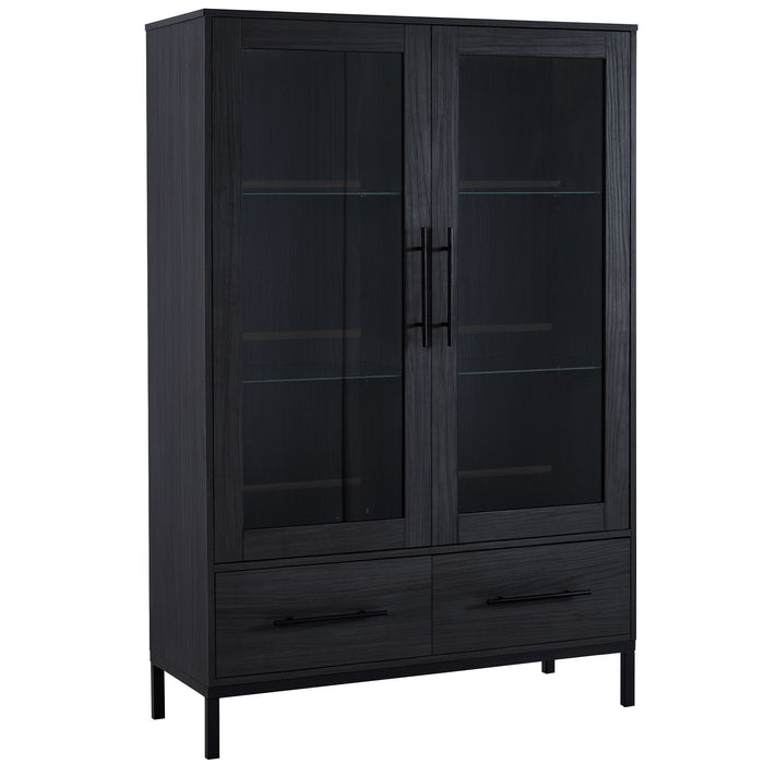 Modern Style Tall Display Cabinet With LED Lighting, Tempered Glass Door, 2 Drawers