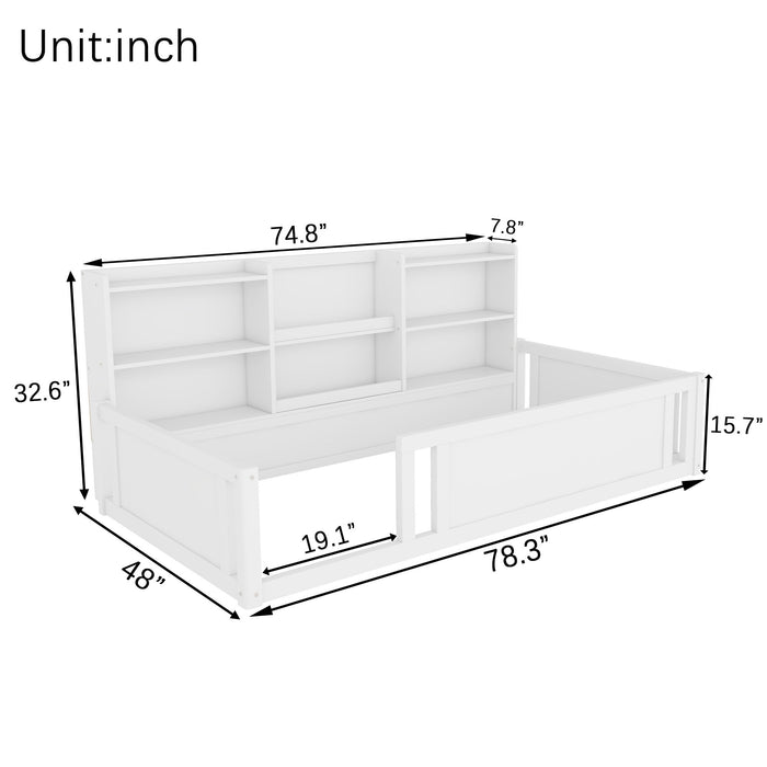 Platform Floor Bed With Guardrail Fence And Side Storage Shelves
