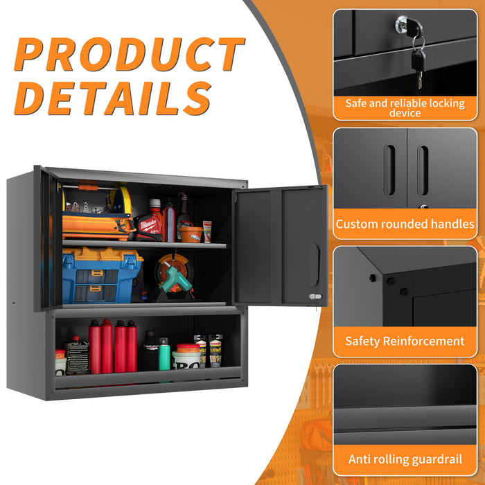 Wall-Mounted Storage Cabinet With Locking Door, 1 Shelf And Open Drawer - Black