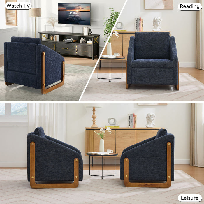 Modern Chenille Upholstered Armchair With Wooden Side Frame