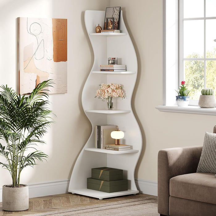 5 Tier Wavy Corner Bookshelf And Plant Stand For Living Room