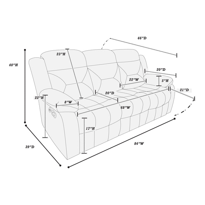 Modern Recliner Sofa With Pillow Arms, Plush Backrest, Horizontal Tufting, USB Charging Port