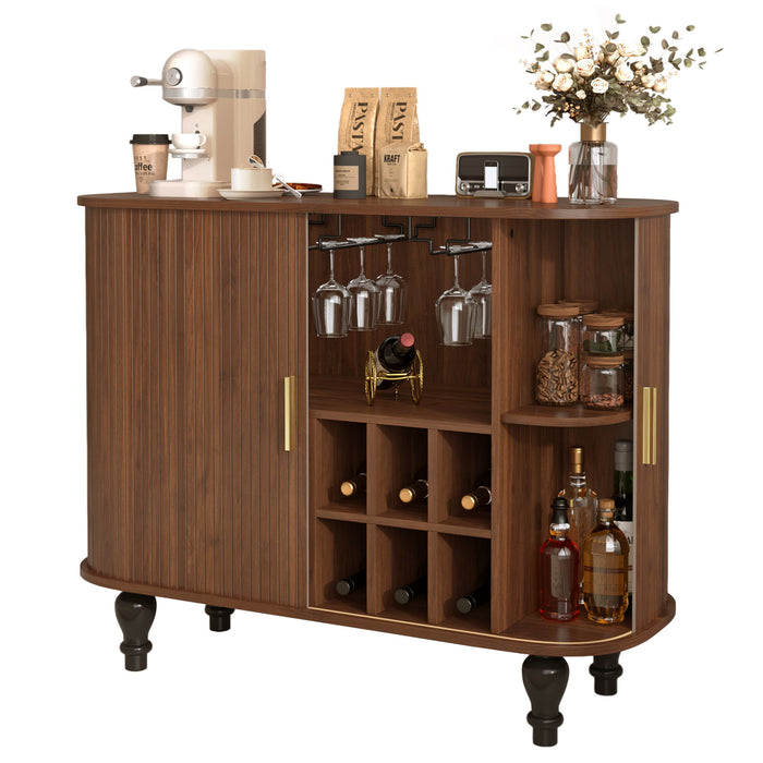 Fluted Liquor & Coffee Bar Cabinet With 6 Wine Racks And 3 Glass Holders