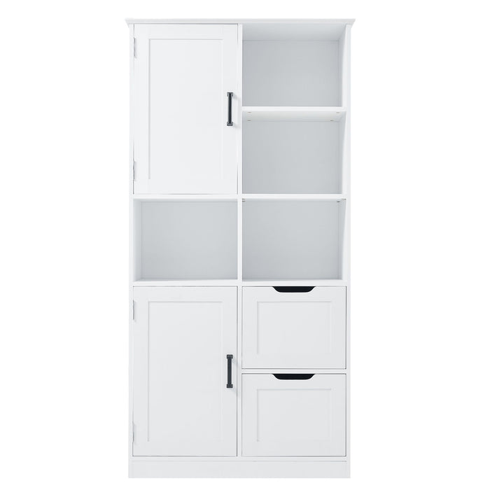 Freestanding Bathroom Storage Cabinet With Doors And Drawers, Adjustable Shelf, Open Shelves - White