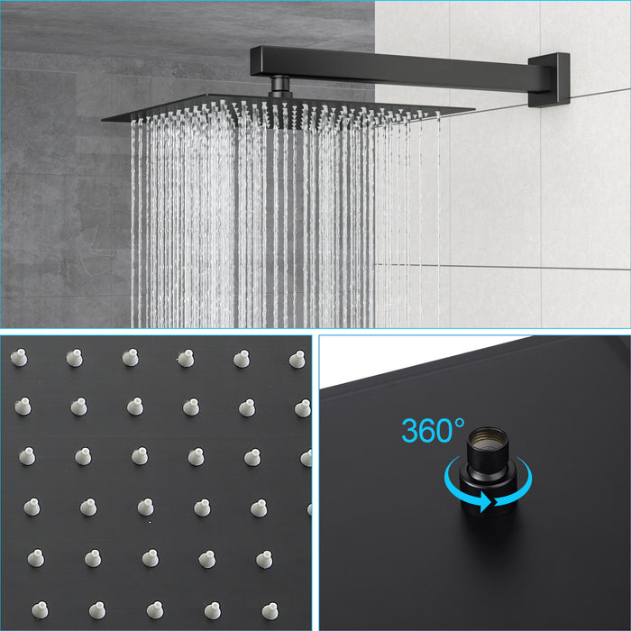 Dual Shower Head System With Rainfall Design, 10" Wall Mounted Square Shower Set - Matte Black
