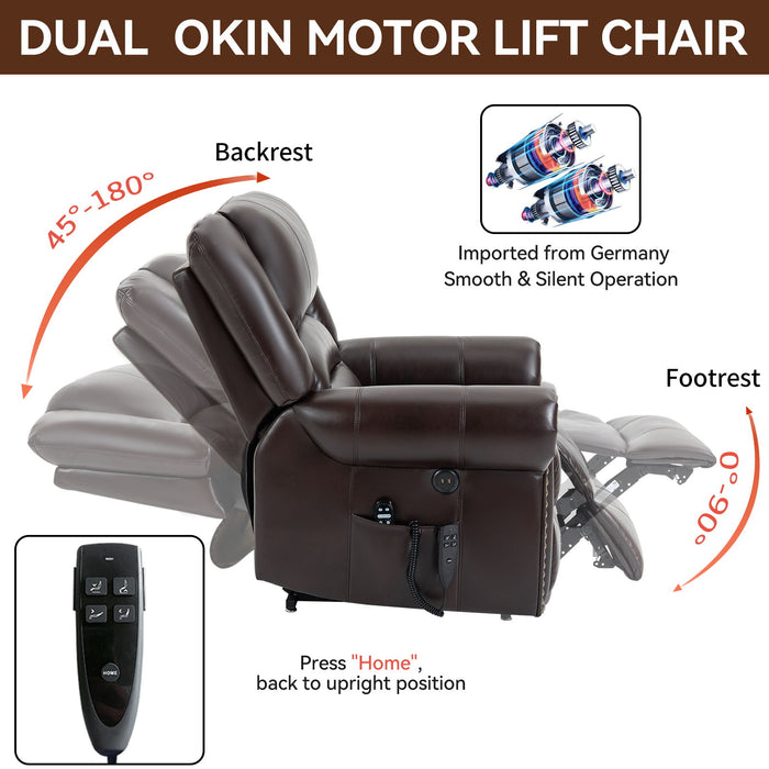 Power Lift Recliner Chair Heat Massage Dual Motor Infinite Position With USB Ports - Antique Brown