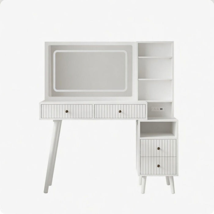 Fluted Vanity Desk With Lighted Mirror & Outlet 4 Drawer, Makeup Table - White