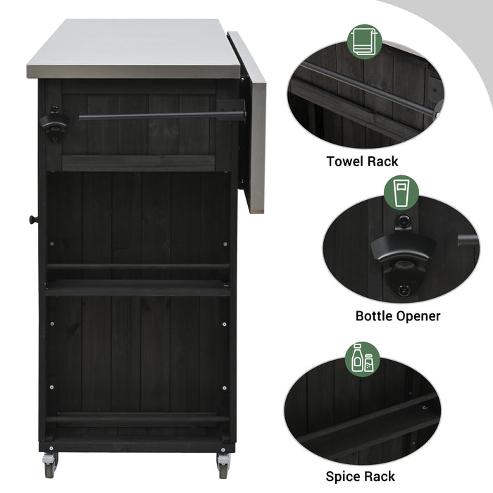 Outdoor Kitchen Island With Stainless Steel Top, Ample Storage Space, Towel And Spice Racks And A Bottle Opener