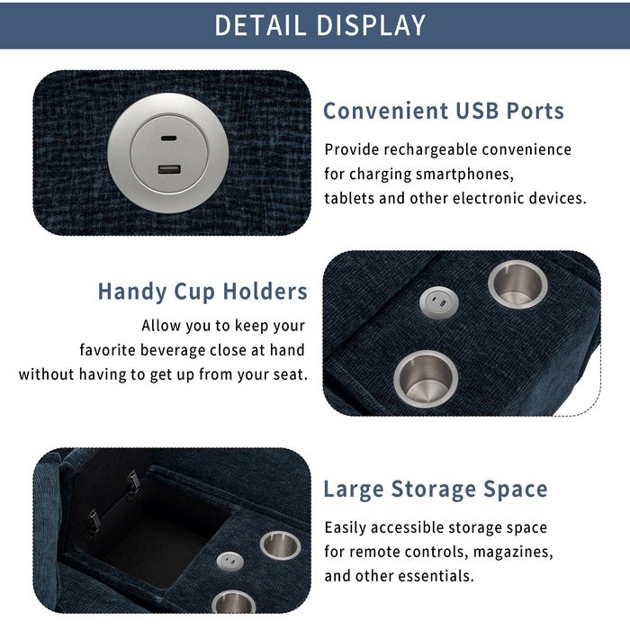 Sectional Sofa Chenille Upholstered Sofa With Two Removable Ottoman, Two USB Ports, Two Cup Holders And Large Storage Box For Living Room