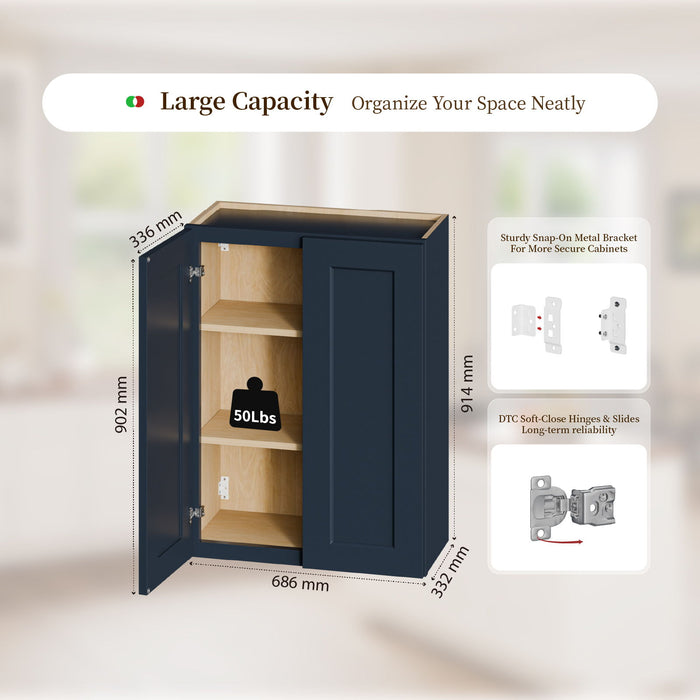 Shaker Wall Cabinet With Soft Close Hinges, Adjustable Shelves, Double Door