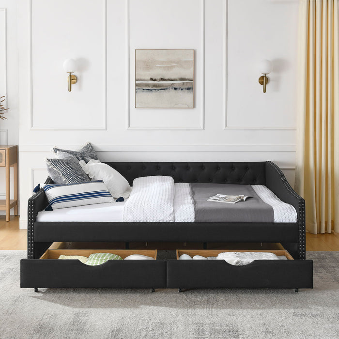 Upholstered Tufted Daybed With 2 Drawers, Waved Arms