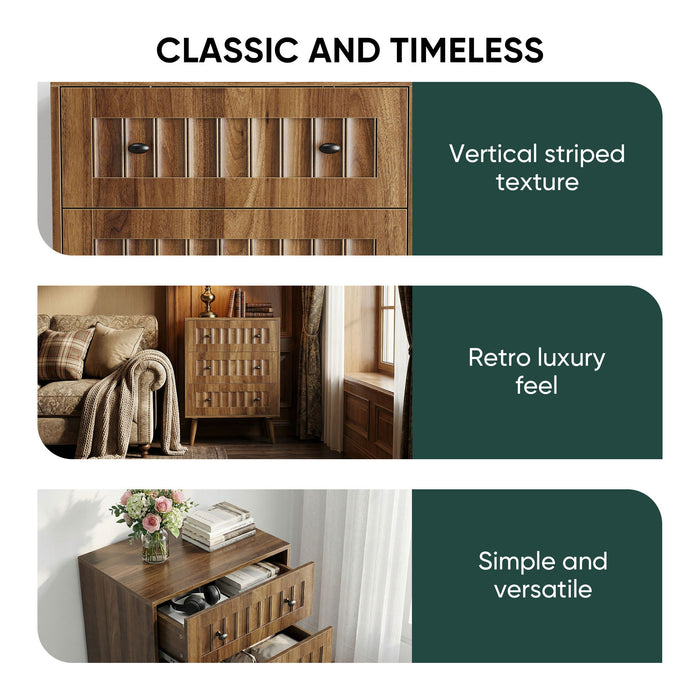 3 Drawer Dresser, Storage Cabinet With Vertical Grooves For Bedroom - Walnut