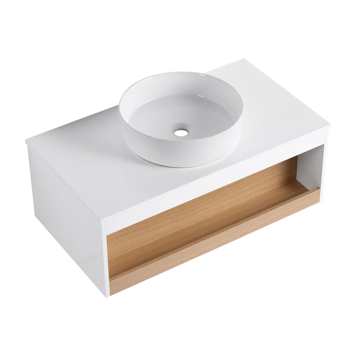 Floating Bathroom Vanity With Glossy Round Vessel Sink
