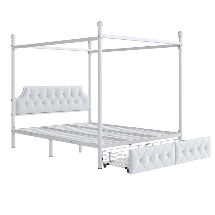 Canopy Platform Bed With Upholstered Headboard And 2 Storage Drawers - White