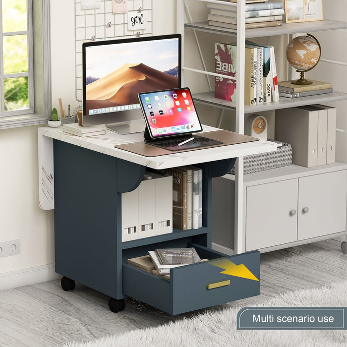 Versatile Wood Folding Dining Table With Wheels, Storage Rack & Drawer, Space Saving Design - White