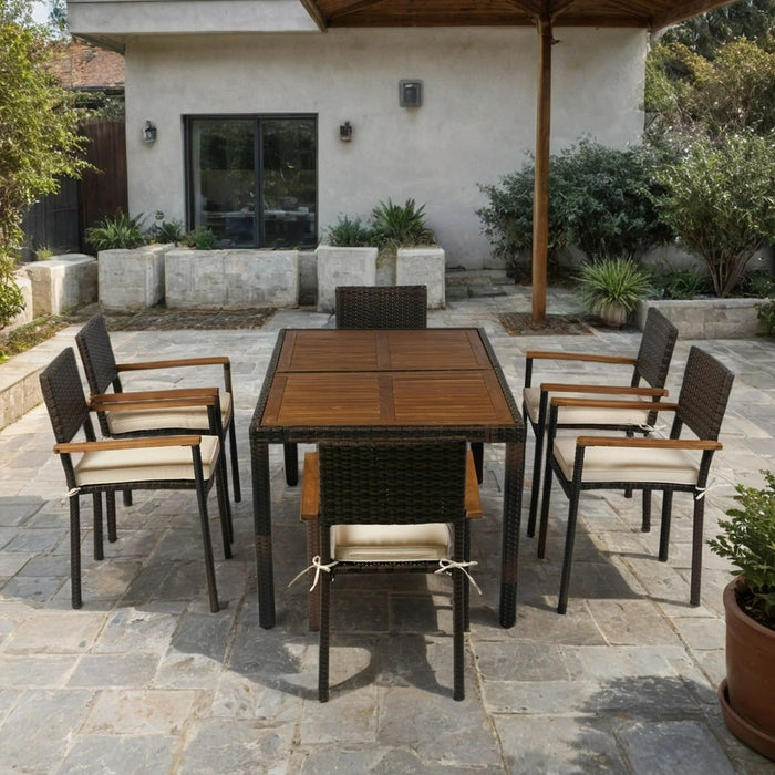 7 Piece Outdoor Patio Wicker Dining Set Patio Wicker Furniture Dining Set With Top - Brown / Cream