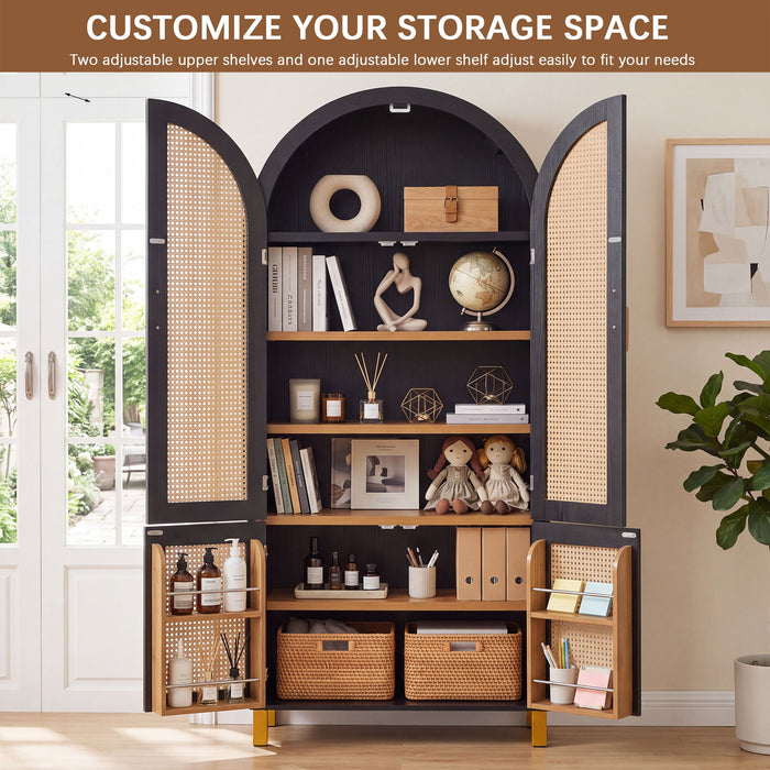 Tall Arched Cabinet With Rattan Doors & Adjustable Shelves