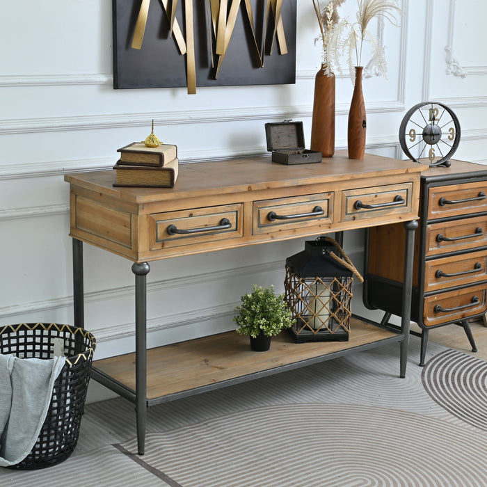 Accent Storage Console Table With Open Shelf And 3 Drawers For Living Room - Natural Wood / Brown