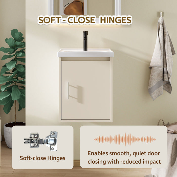 16" Floating Bathroom Vanity Combo, Wall Mounted Cabinet With Sink & Soft Close Doors For Small Bathrooms - Khaki