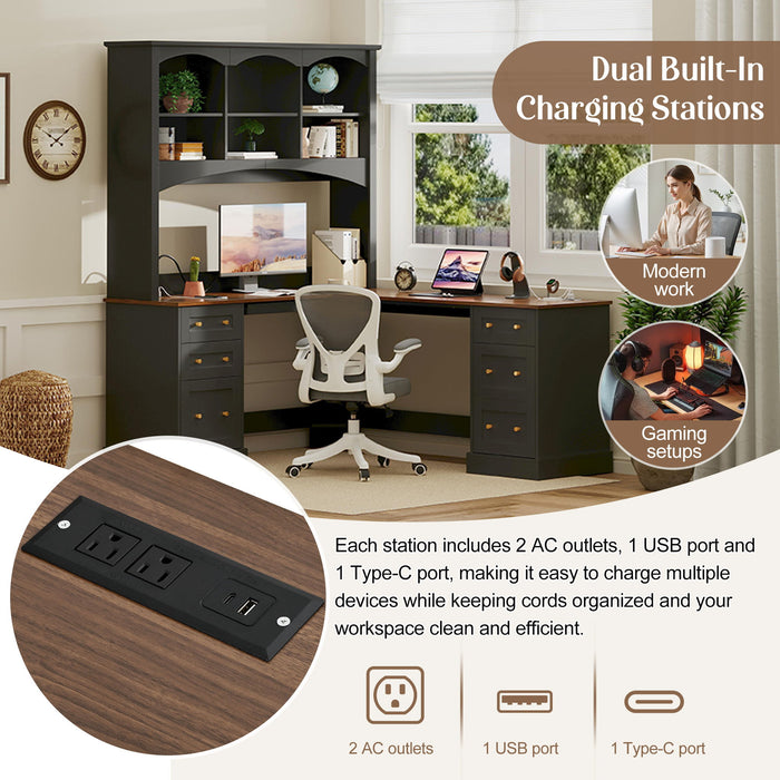 Space Saving L-Shaped Computer Desk With Keyboard Tray & Charging Stations