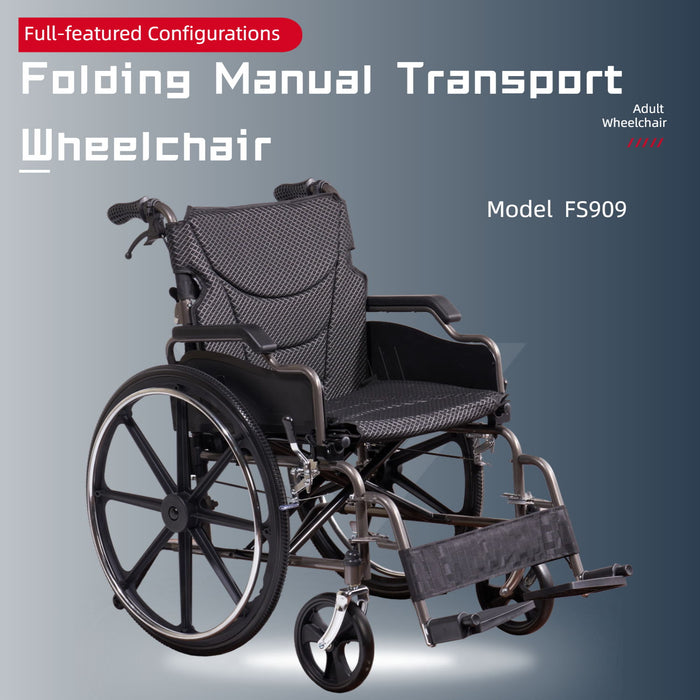 Lightweight Wheelchair Foldable For Adults, Manual Transport Chair With Double Brakes