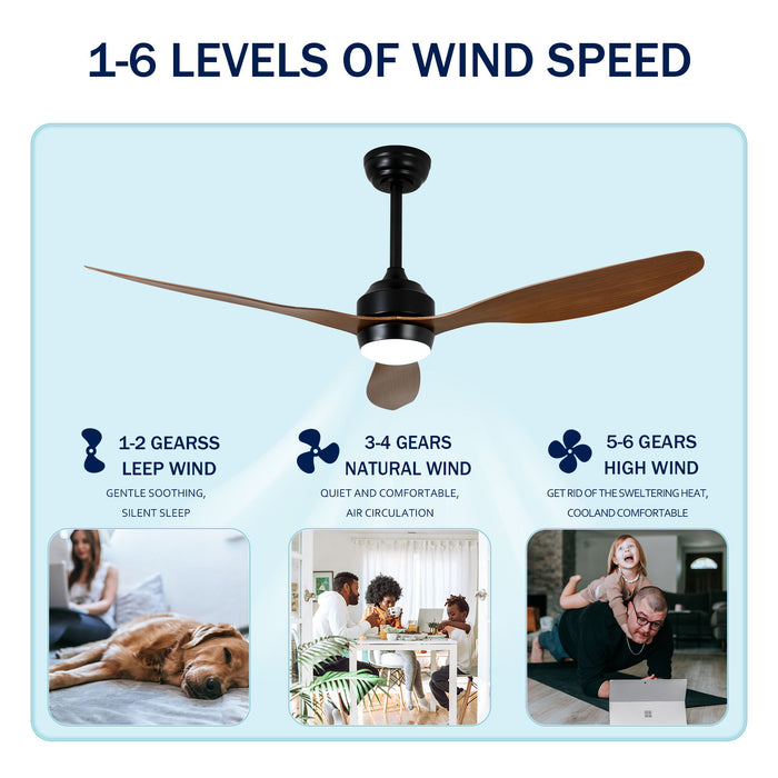 Ceiling Fan With Lights Quiet DC Motor 3 Blade Ceiling Fans 6 Speed Levels, Reversible Ceiling Fan - Matte Black / Wood