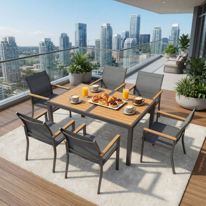 7 Piece Gray Aluminum Patio Dining Set With Textilene Chairs For Outdoor Living Frame With Accents, 59" Rectangle Table, All Weather Durable