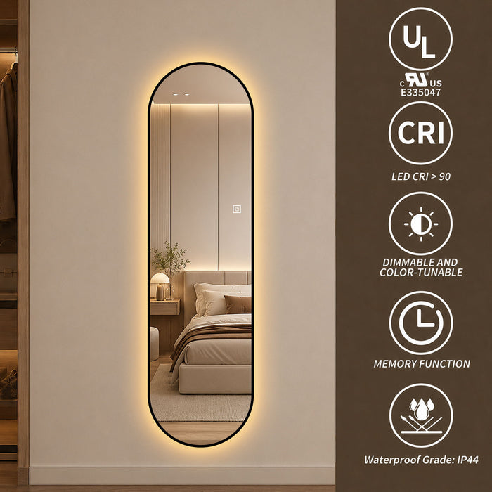 Capsule Shaped Dimmable LED Full Length Wall Mirror With Frame - Silver