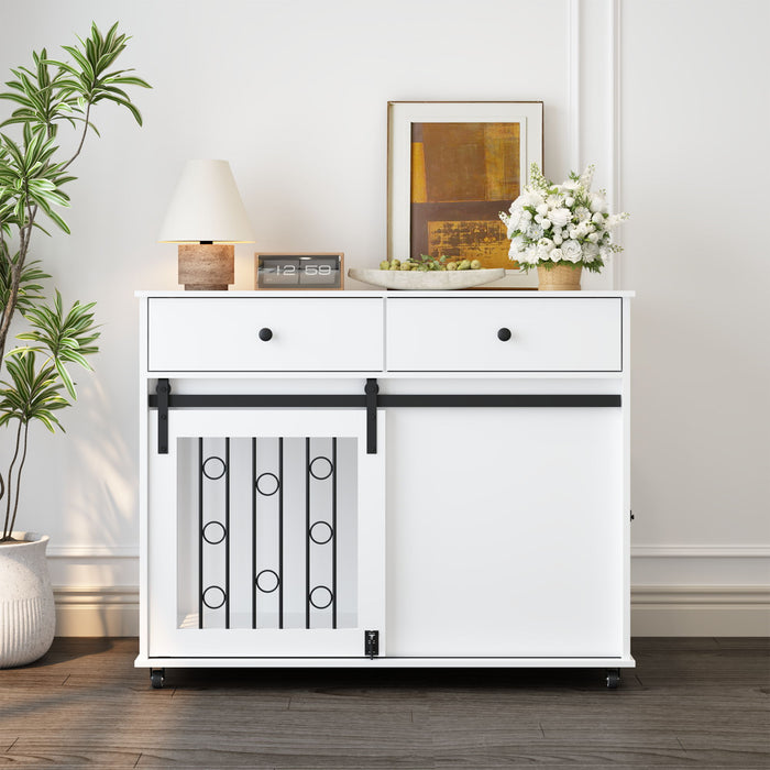 Dog Crate Furniture With Double Drawers And Sliding Barn Door, Pet Kennel For Small To Medium Dogs - White