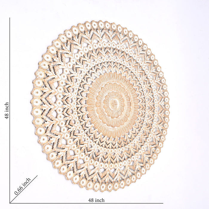 Floral Hand Carved Mandala Round Wall Decor - Brown / Antique White