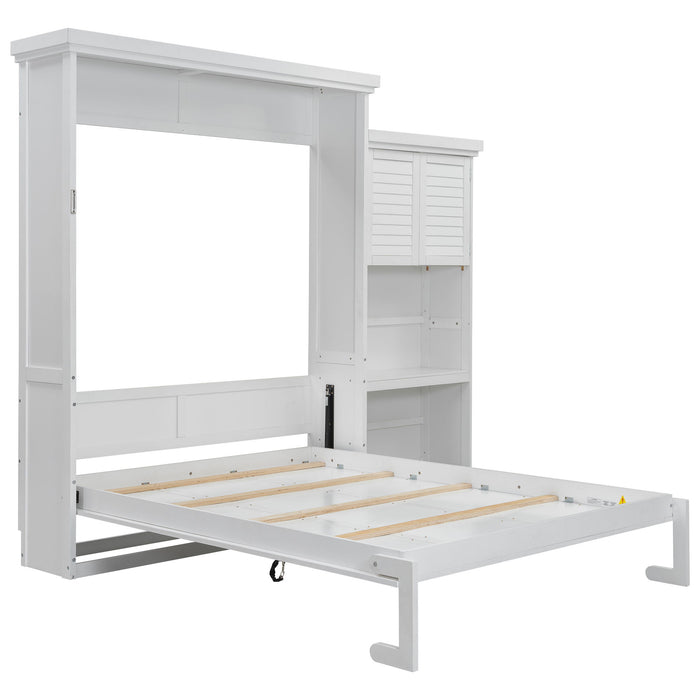 Queen Size Murphy Bed With Louvered Design And Multiple Storage Shelves - White