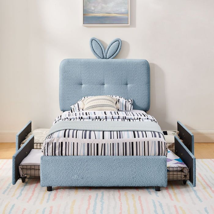Upholstered Bed With Oversized Rabbit Ear Headboard, LED Lights & 4 Storage Drawers
