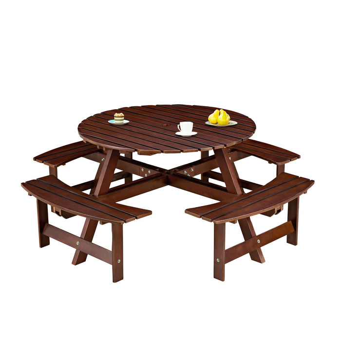8 Person Round Picnic Table With 4 Built In Benches, Umbrella Hole For Garden - Brown