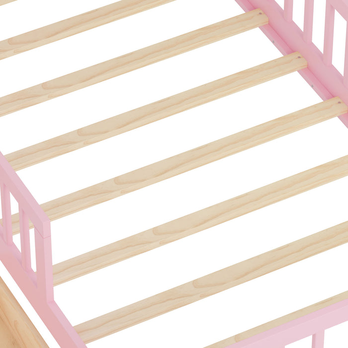 Bed With Headboard Storage Rack, 2 Under Bed Drawers, 3 Side Guardrails For Safety