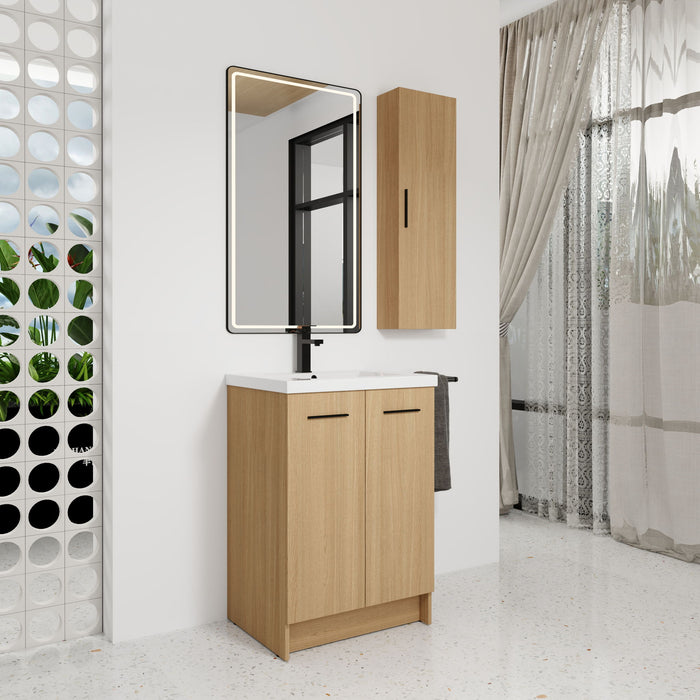 Freestanding Bathroom Vanity Set With Tall Linen Cabinet, Single Sink, Extra Storage, Soft Close Doors - Glossy White / Light Oak