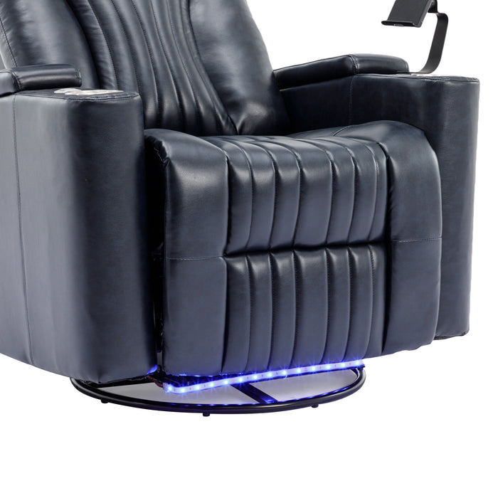 270° Power Swivel Recliner Home Theater Chair With Hidden Arm Storage, LED Light, Cup Holder, And Tray Table