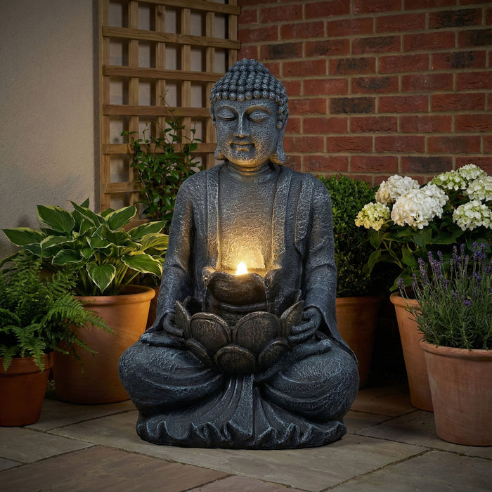 Zen - 2 Tier Meditating Buddha Water Fountain With Pump & LED Light - Gray