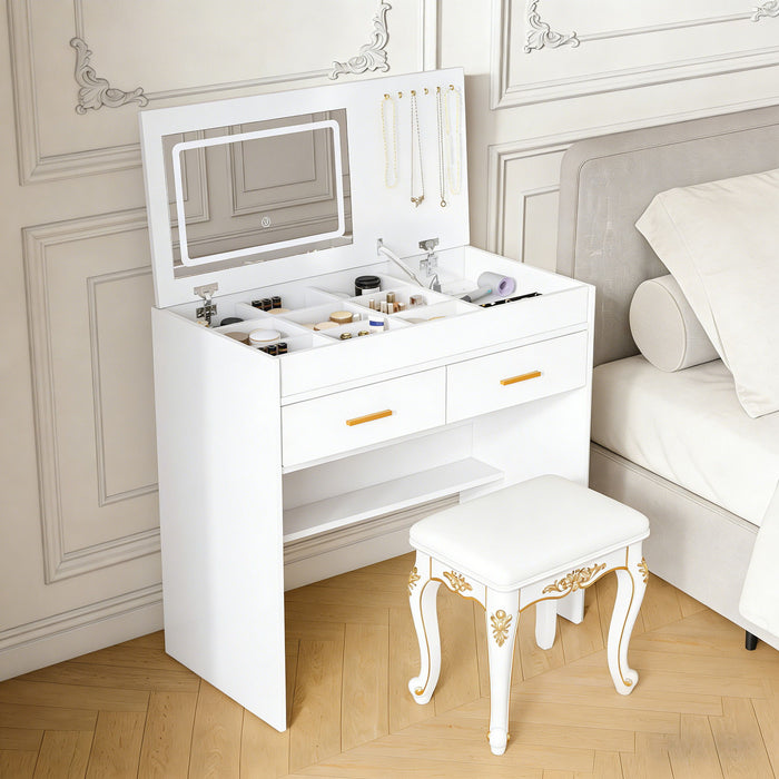 Flip Top Vanity Desk With LED Mirror & Outlet Makeup Table With 2 Drawers, Open Storage, And Jewelry Hooks - White