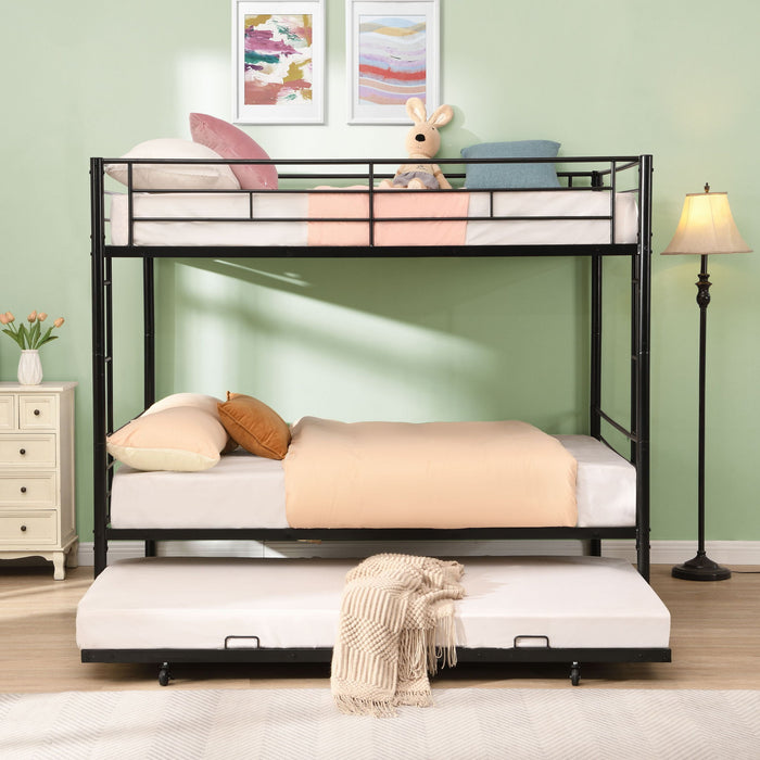 Full Over Full Modern Metal Bunk Bed With Trundle - Black