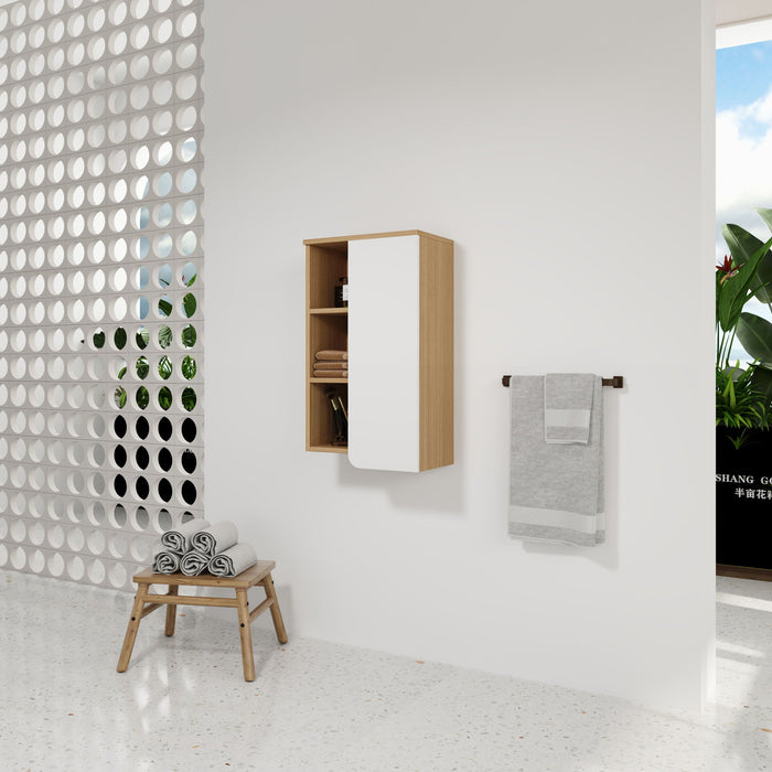 Wall Mounted Bathroom Side Cabinet, Single Door With 3 Tier Open Shelves - Black / Light Oak / White
