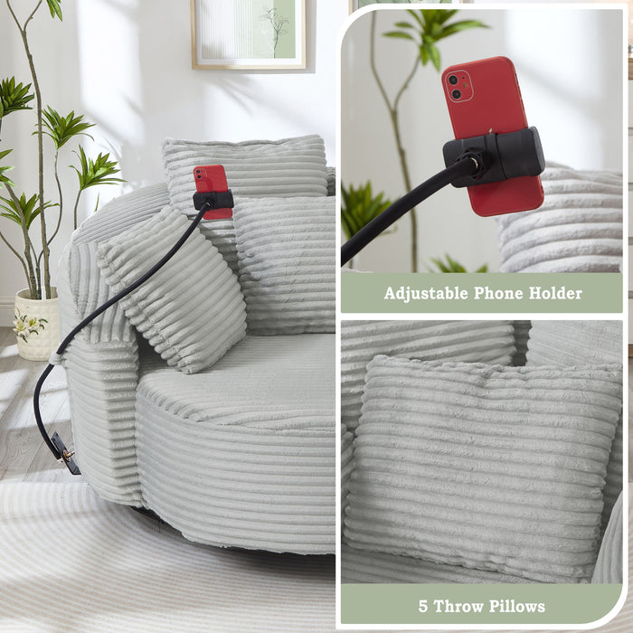 Swivel Accent Barrel Chair With Adjustable Phone Holder, 5 Pillows For Living Room