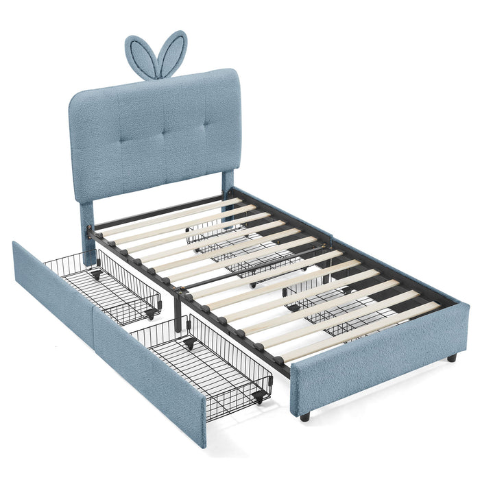 Upholstered Bed With Oversized Rabbit Ear Headboard, LED Lights & 4 Storage Drawers