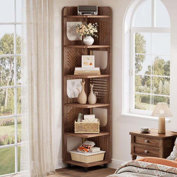 6 Tier Narrow Corner Bookshelf Storage For Living Room - Brown