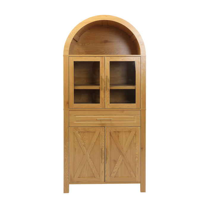 Arched Kitchen Pantry Cabinet With Adjustable Shelves And Barn Door Design