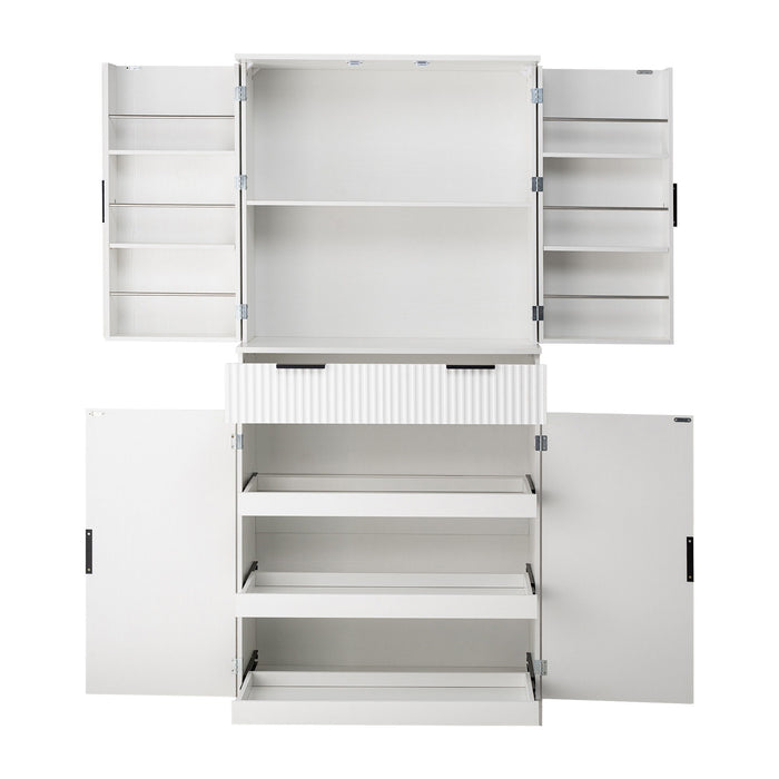 Fluted Kitchen Pantry Cabinet With 3 Keyboard Drawers & 6 Adjustable Door Shelves
