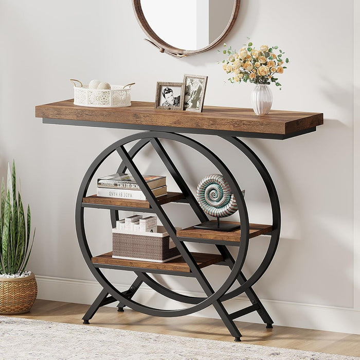4 Tier Entryway Console Table With Geometric Circle Frame & Storage Shelves - Rustic Brown